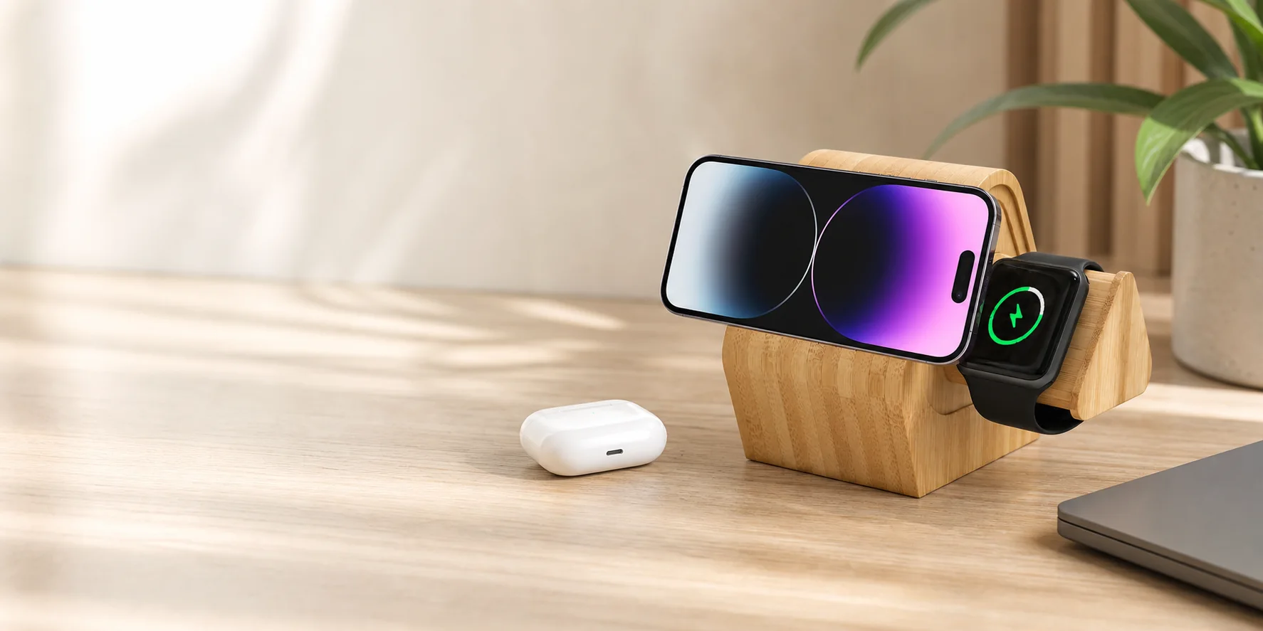 3D render of Edsonsoon MT501 bamboo 3-in-1 wireless charging dock